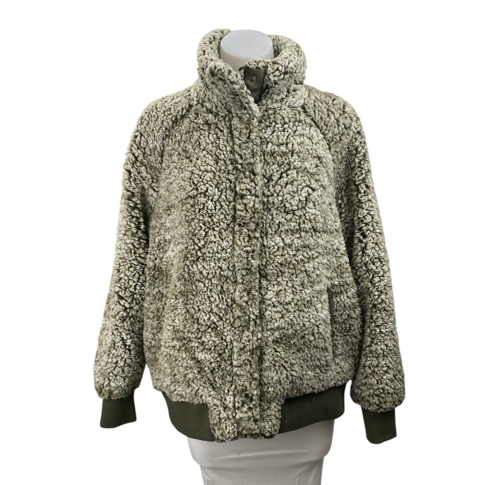 JouJou Women's Green Faux Sherpa Fur Turtleneck Long Sleeve Full Zip Sweater 1X